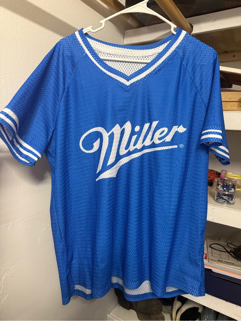 SHEIN Blue Mesh V-Neck Miller Script Tee with White Trim